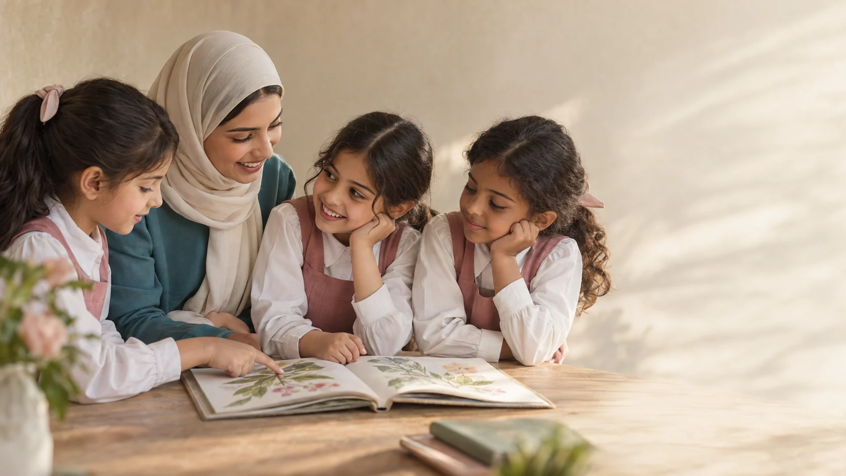 صورة تعبيرية مولّدة لثلاث طالبات يقرأن كتابًا مصورًا مع معلمة.