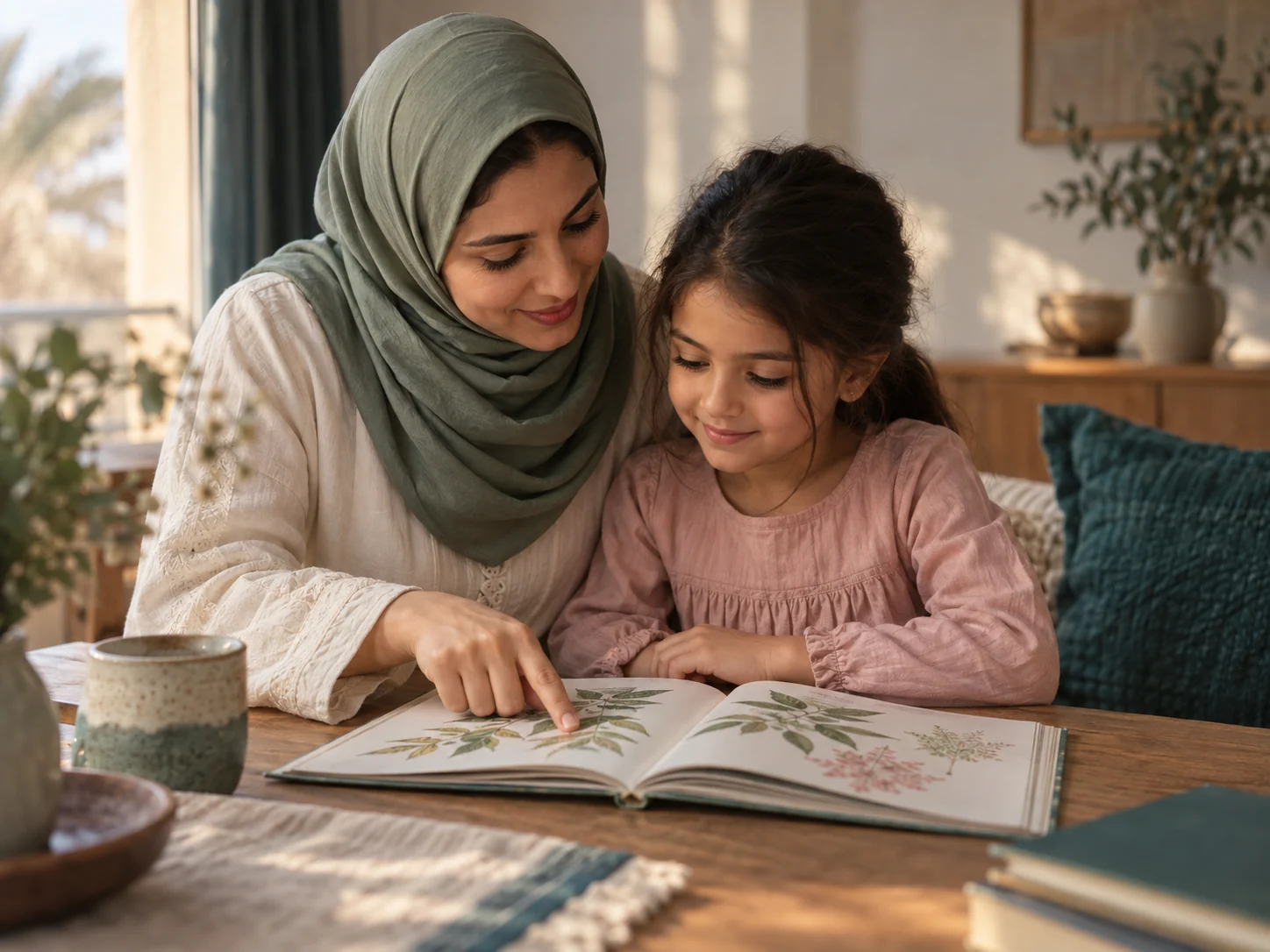صورة تعبيرية مولّدة لأم وابنتها تتشاركان قراءة كتاب في المنزل.